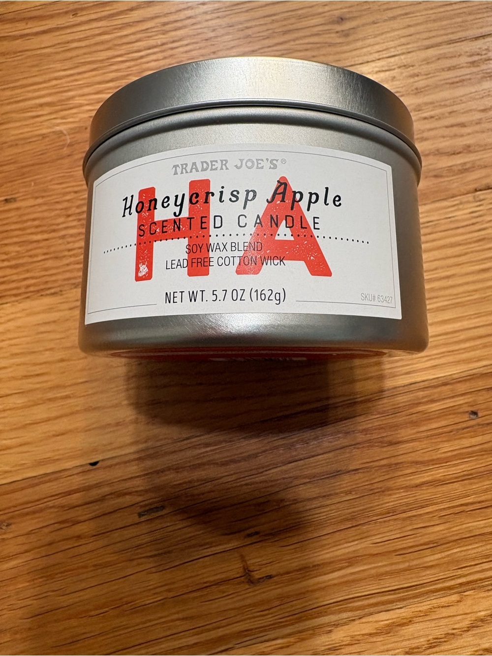 Trader Joe's Honeycrisp Apple Scented Candle - Silver Tin, Red Accent